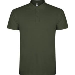A dark olive green polo shirt with a collar and three buttons, featuring a logo on the neckline.