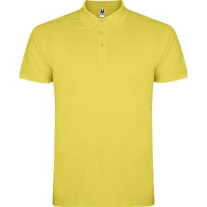 A yellow polo shirt featuring a collar and three buttons, with a logo at the neck.
