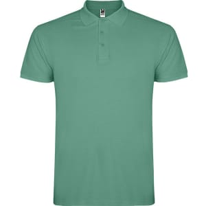 A green polo shirt with a three-button placket and a logo on the collar.