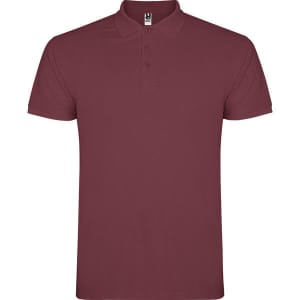 A burgundy polo shirt with a collar and three buttons, featuring a logo on the left side.