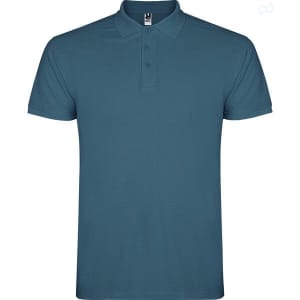A teal polo shirt with a classic collar and three-button placket, featuring a logo on the chest.