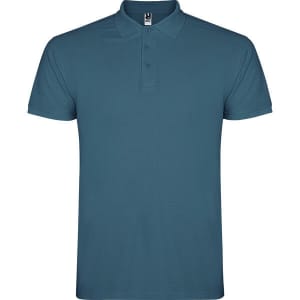 A teal polo shirt with a classic collar and three-button placket, featuring a logo on the chest.