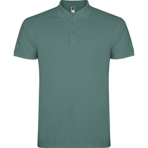 A green polo shirt with a collar and three buttons, featuring a brand logo on the label.