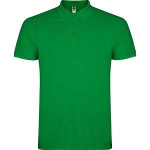 A green polo shirt featuring a collar and three buttons, with a logo on the chest.