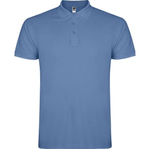 A blue polo shirt featuring a collar and button placket, with a logo on the inside label.