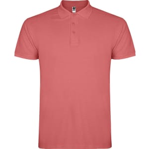 A coral polo shirt with a classic collar and three-button placket, featuring a logo on the label.
