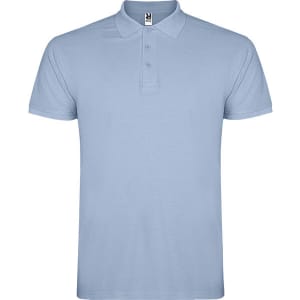 A light blue polo shirt with a collar and three-button placket, featuring a logo on the label.