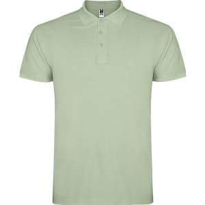 A light green polo shirt with a collar and three buttons, featuring a logo on the label.
