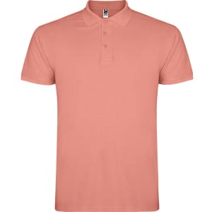 A coral polo shirt featuring a classic collar and three-button placket, with a logo on the label.