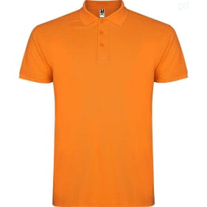 An orange polo shirt with a collared neckline and three buttons, featuring a brand logo.