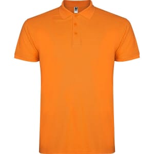 An orange polo shirt with a classic collar and three button placket, featuring a logo.