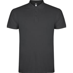 A grey polo shirt with a classic collar and three buttons, featuring a small logo on the chest.