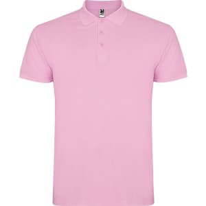 A pink polo shirt featuring a collar and three-button placket, with a brand logo on the label.