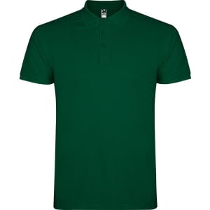 A green polo shirt featuring a collar and button details, with a logo on the chest area.