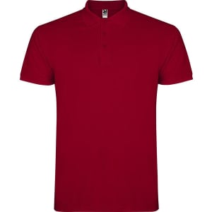 A red polo shirt featuring a collar and three buttons, with a logo on the label.