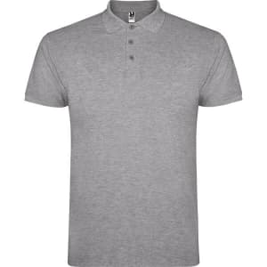 A grey polo shirt with a classic collar and three buttons, featuring a logo on the label.