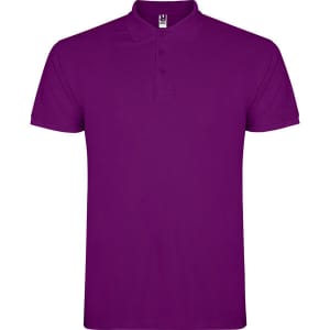 A purple polo shirt with a classic collar and three buttons, featuring a logo on the chest area.