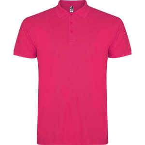 A pink polo shirt with a collar and three-button placket. It features a logo on the label.