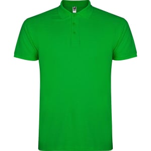 A green polo shirt featuring a collar and three buttons, with a logo on the label.