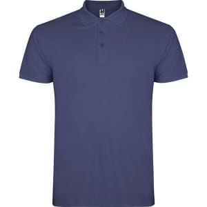 A navy blue polo shirt with a classic collar and three-button placket, featuring a logo.