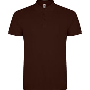 A dark brown polo shirt with a collar and three buttons, featuring a logo on the label.