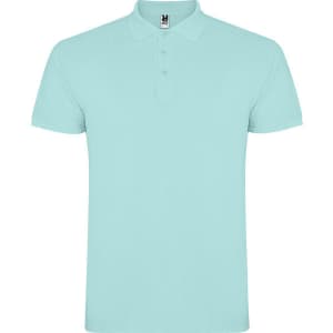 A light blue polo shirt with short sleeves and a three-button placket. Features a branding logo on the collar.
