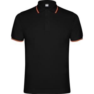 A black polo shirt featuring contrasting orange stripes on the collar and sleeves. Includes a logo.