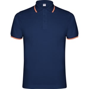 A navy polo shirt with contrasting orange trim and a branded tag at the collar. Short sleeves and a classic fit.