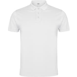 A white polo shirt with a collar and three buttons, featuring a logo on the chest.