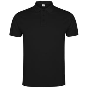 A black polo shirt with a collar and three buttons, featuring a logo on the chest.