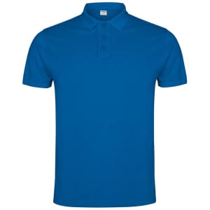 A blue polo shirt with a collar and three-button placket. The shirt has a plain design and features branding.