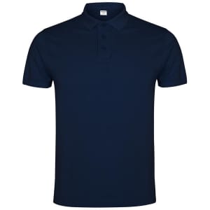 A navy blue polo shirt with a collar and three buttons, featuring a logo.