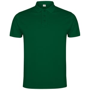 A green polo shirt with a classic collar, featuring a logo on the chest and a buttoned placket.