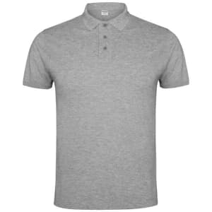 A grey polo shirt featuring a classic collar and three button placket, with a logo on the chest.
