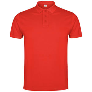 A red polo shirt featuring a collar and three-button placket, with a logo on the chest.