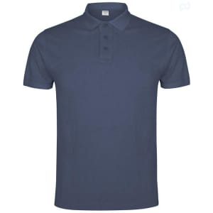 A navy blue polo shirt featuring a collared neck and three-button placket, with a logo on the chest.