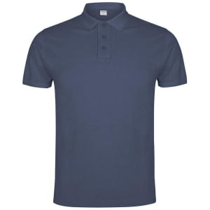 A navy blue polo shirt featuring a collar, three buttons, and a logo on the chest.