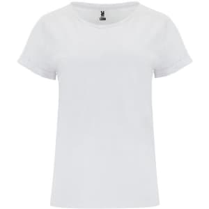 A white T-shirt with short sleeves, featuring rolled cuffs and a brand logo at the neckline.