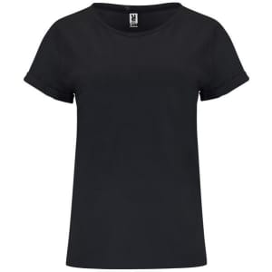 A black T-shirt with rolled sleeves and a simple crew neckline. It features a logo on the label.