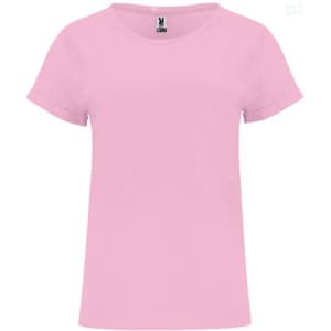 A pink T-shirt with short sleeves, featuring a round neck and a logo at the collar.