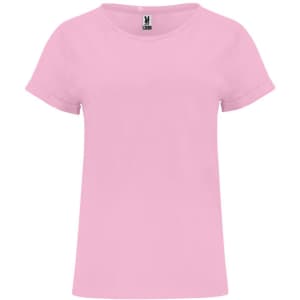 A pink t-shirt with rolled sleeves and a small brand logo on the label. It's designed for casual wear.