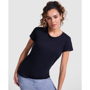A navy blue t-shirt with short sleeves, worn by a model in a casual pose. The shirt features a logo.