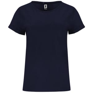 A navy blue t-shirt with rolled sleeves and a simple design. It features a logo on the label.