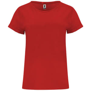 A red T-shirt with rolled sleeves and a round neckline, featuring a branding label.