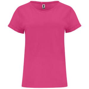 A pink T-shirt with rolled sleeves and a small logo on the label.