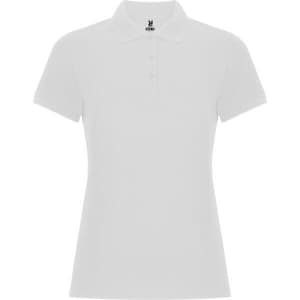 A women's premium polo shirt in white, featuring a classic collar and a logo on the upper front.