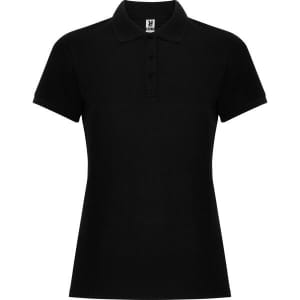 A black women's premium polo shirt with a collared neck and short sleeves, featuring a logo on the front.