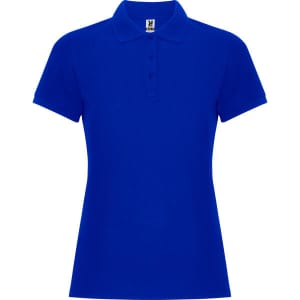 A premium women's polo shirt in vibrant blue with a collared neck and short sleeves, featuring a logo.