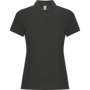 A black women's polo shirt with a collar, featuring short sleeves and a button placket. It has a logo on the label.