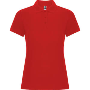 A red polo shirt with a collar and short sleeves, featuring a logo on the chest.